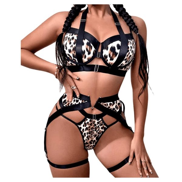 Body de encaje con Portaligas y corset Animal print  N°733